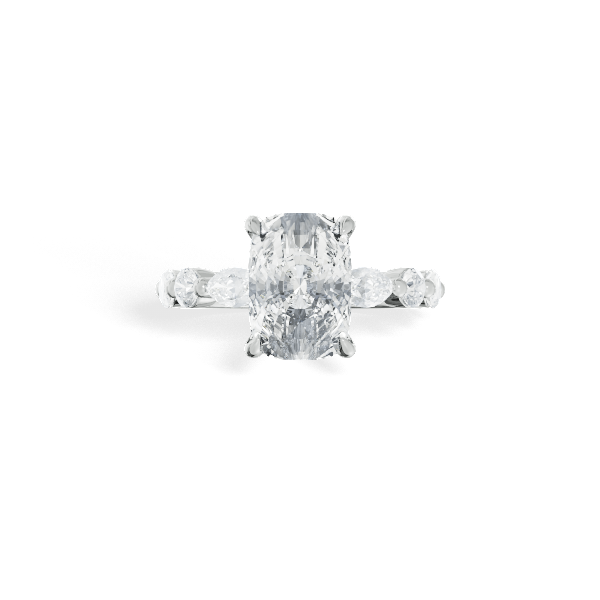 Elongated Cushion-Cut Diamond Ring with Marquise and Round Side Diamonds 360° view